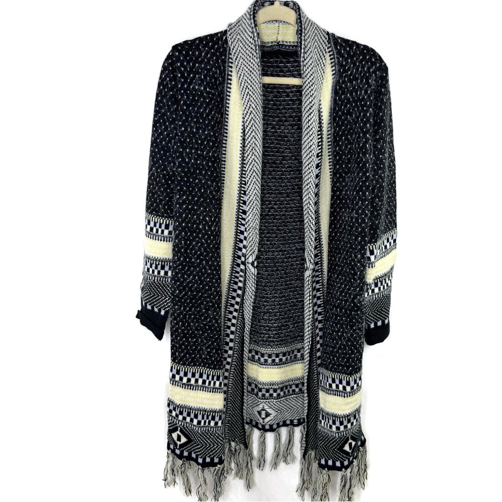Chic Black and Cream Women's Long Cardigan Visually Soft Material Medium